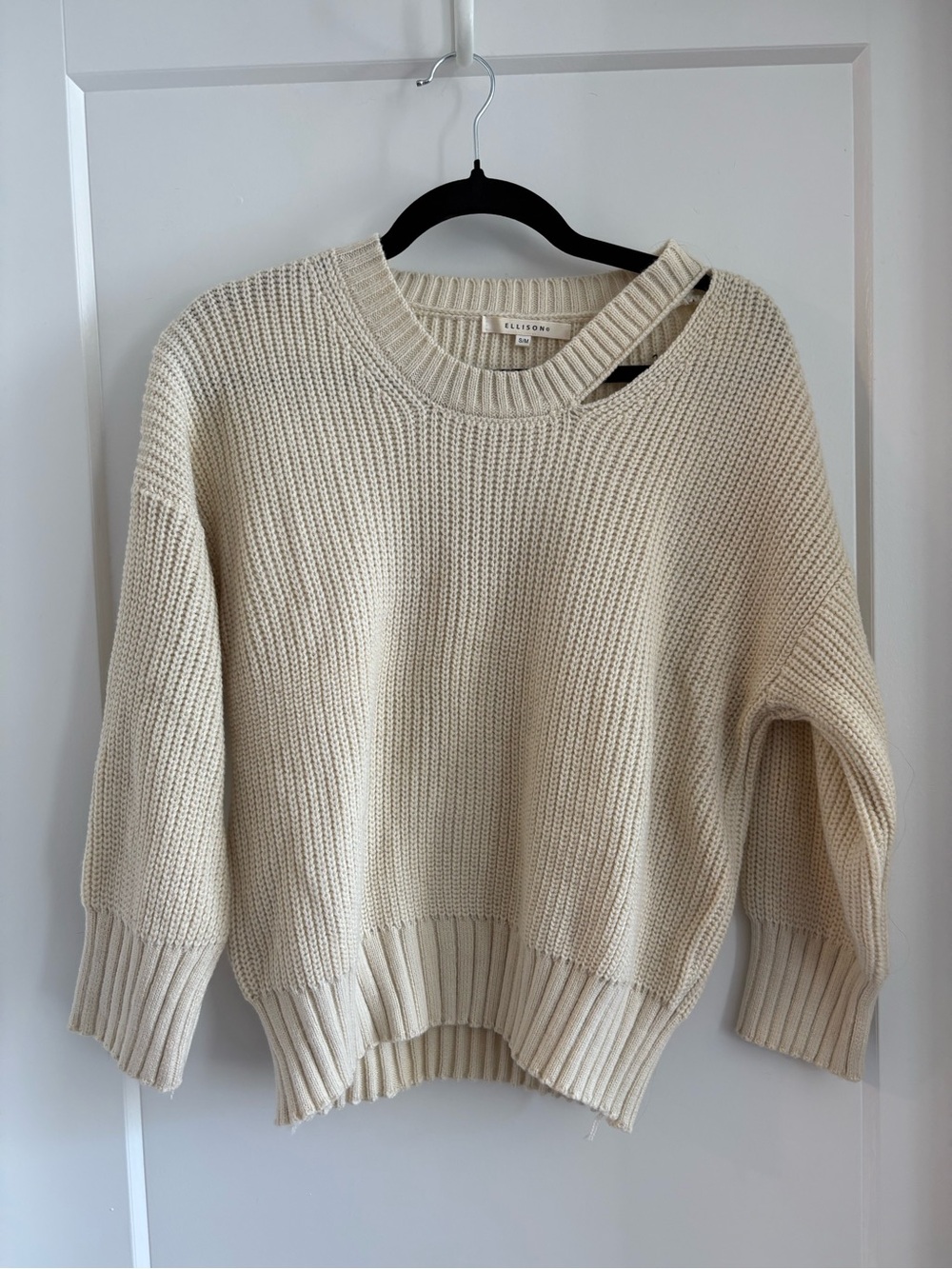 Ellison Cream Ribbed Crewneck Sweater with Distressed Detail